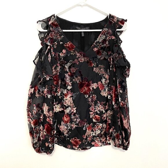 WHBM WHITE HOUSE BLACK MARKET Floral Velvet Burnout Cold Shoulder Blouse PETITE - Picture 2 of 12